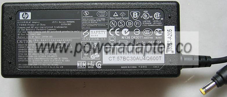 HP PPP009S AC ADAPTER 18.5V DC 3.5A 65W -( )- 1.7x4.7mm 100-240V
