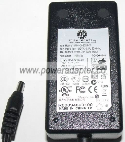 IDEAL POWER SA06-20S05R AC ADAPTER 5V DC 4A NEW 2.5 x 5.5 x 11.