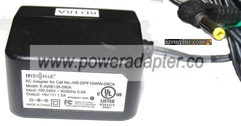 INSIGNIA E-AWB135-090A AC ADAPTER 9V 1.5A SWITCHING POWER SUPPLY