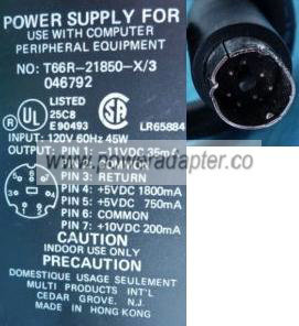 INTERMEC T66R-21850-X/3 AC ADAPTER 11VDC 35mA Tripple Voltage PO