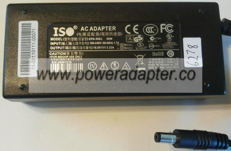 ISO KPA-060J AC ADAPTER 18VDC 3.33A NEW 2 x 5.5 x 11mm
