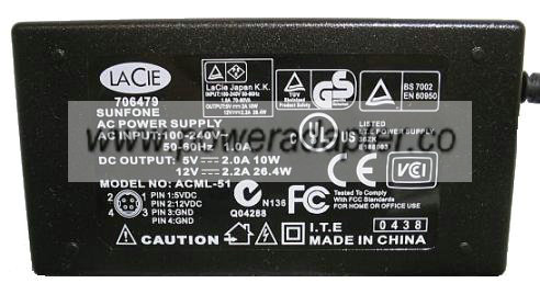 LACIE ACML-51 AC Adapter 5V 2A 12V 2.2A 4P Power Supply BENQ LCD