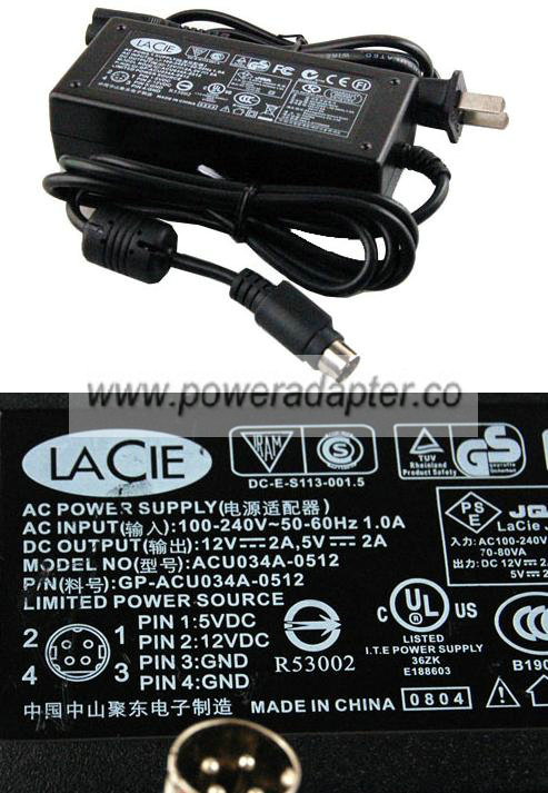 LACIE ACU034-0512 AC ADAPTER 12V 2A 5V 2ANEW 4-PIN DIN
