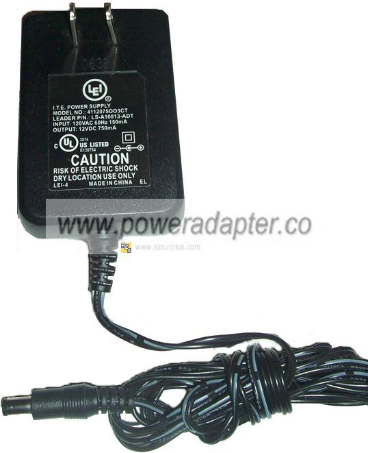 LEI 4112075003CT AC ADAPTER 12VDC 750mA Used -( ) 2.5x5.5mm I.T.