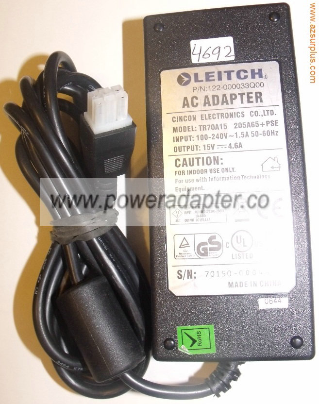 LEITCH TR70A15 205A65 PSE AC ADAPTER 15VDC 4.6A 6Pin POWER SUPPL