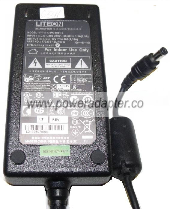 LITEON PA-1051-0 AC ADAPTER 12V 4.16A Used 2.2 x 5.5 x 9.6 mm St