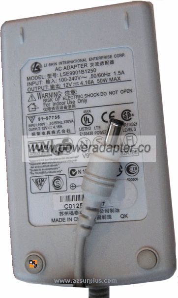 LI SHIN LSE9901B1250 AC Adapter 12VDC 4.16A -( )- 2x5.5mm 100-24