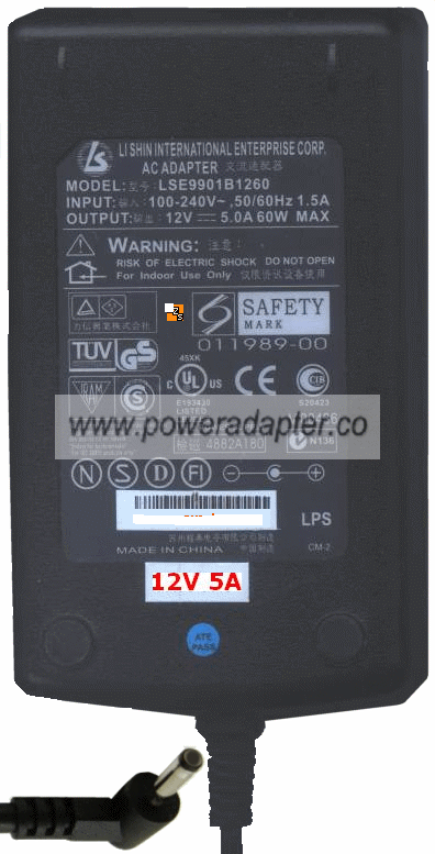 LI SHIN LSE9901B1260 AC ADAPTER 12Vdc 5A 2.1mm POWER SUPPLY 2mm