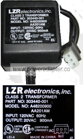 LZR A48200900 AC ADAPTER 20VAC 900mA 3Pin 120Vac Used POWER SUPP