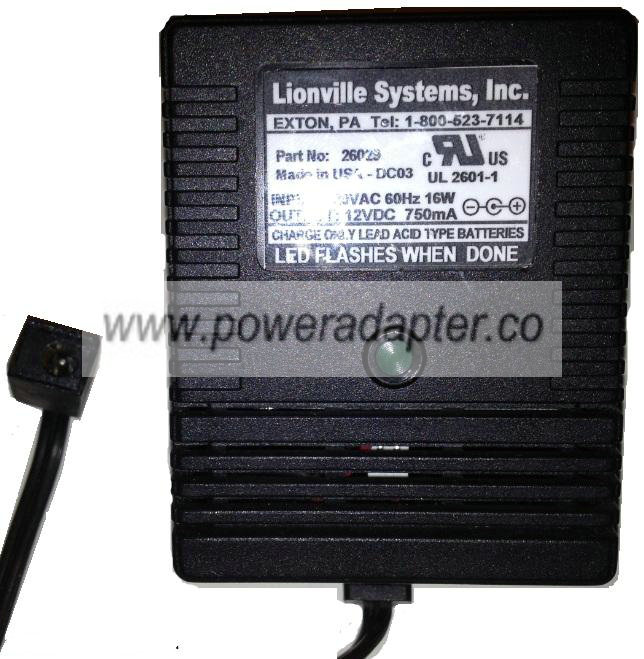 LIONVILLE UL 2601-1 AC ADAPTER 12VDC 750mA -( )- Used 2.5x5.5mm