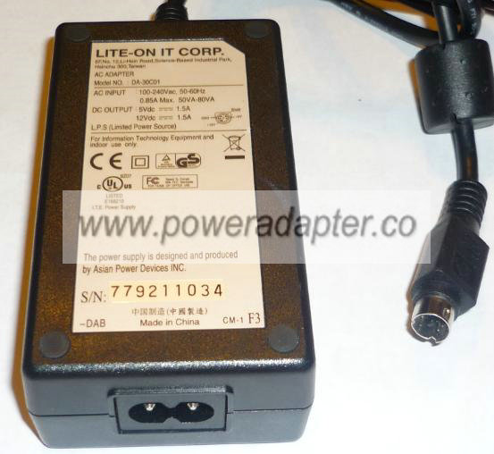 LITE-ON IT CORP DA-30C01 AC ADAPTER 5V 12V DC 1.5A 5pin 9mm mini