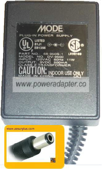 MODE DV-9500 AC ADAPTER 9VDC 500mA 2x5.5 mm PLUG IN POWER SUPPLY