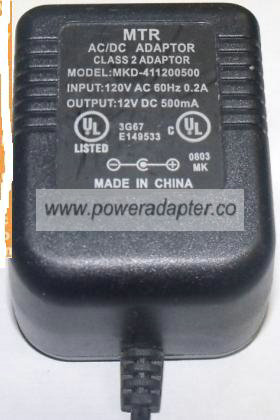 MTR MKD-411200500 AC ADAPTER 12VDC 500mA DIRECT PLUG IN POWER Su