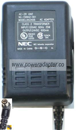 NEC A42406 AC ADAPTER 24V DC 600mA (-) 2x5.5mm AC-2R Used 90
