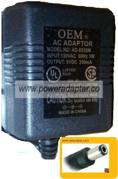 OEM AD-0930M AC ADAPTER 9VDC 300mA -( )- 2x5.5mm 120vac PLUG IN