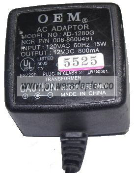 OEM AD-1280G AC ADAPTER 12Vdc 800mA (-) 2.5x5.5mm PLUG IN CLAS