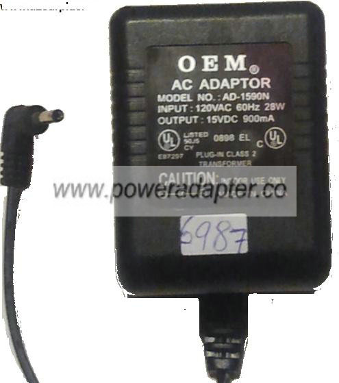 OEM AD-1590N AC ADAPTER 15VDC 900mA - ---C--- Used 1.1 x 3.5 x