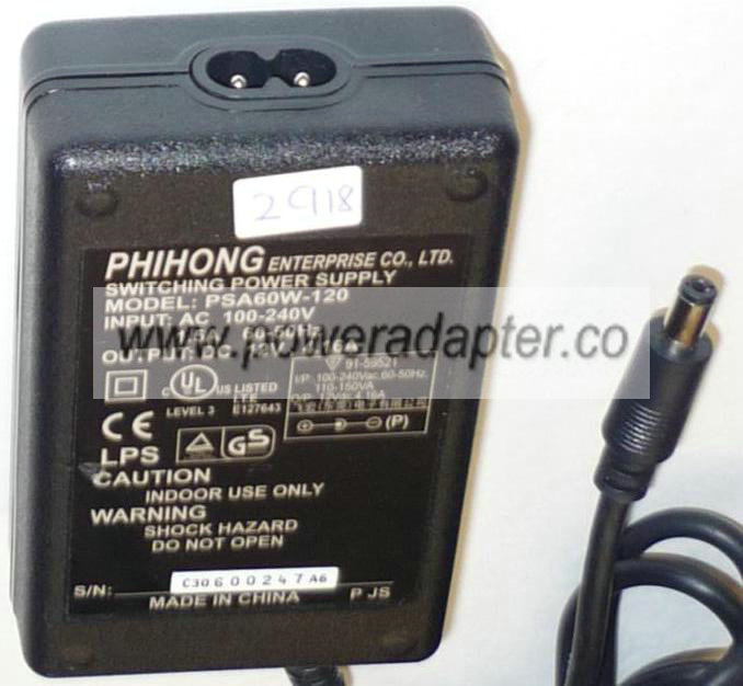 PHIHONG PSA60W-120 AC ADAPTER 12VDC 4.16A POWER SUPPLY