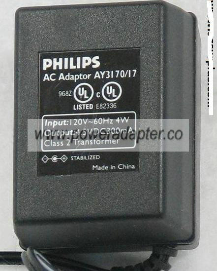 PHILIPS AY3170/17 AC ADAPTER 4.5VDC 300mA Used 1.7 x 4 x 9.7 mm