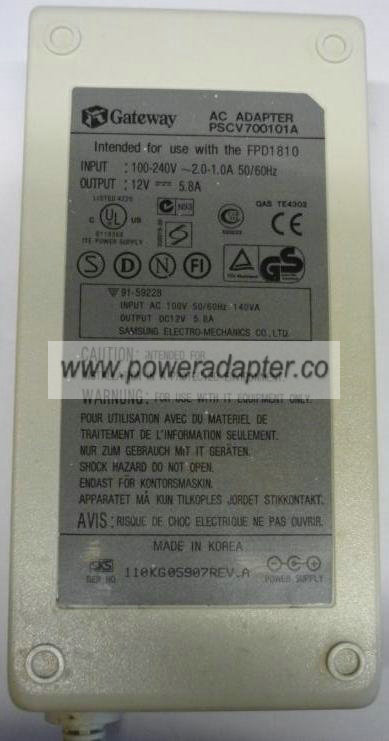 GATEWAY PSCV700101A AC ADAPTER 12V 5.8A Round Barrel with Pin In