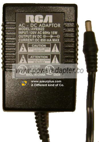 RCA AV93622 AC ADAPTER 9Vdc 0.85A (-) 1.5x5.5mm 120vac FOR CAS