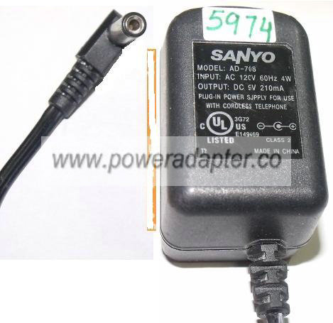 SANYO AD-708 AC ADAPTER 9V DC 210mA PLUG IN CORDLESS PHONE POWER