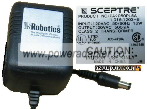 US Robotics SCEPTRE PA2050PL-5A AC Adapter 20VAC 500MA POWER SUP