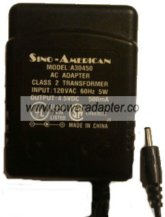 SINO-AMERICAN A30450 NEW 4.5VDC 500mA ADAPTER 1.3 x 3.5 x 9.8mm