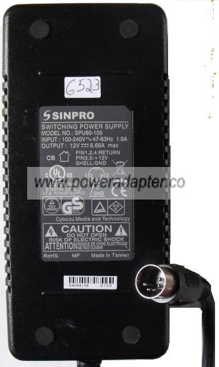 SINPRO SPU65-105 AC ADAPTER 12Vdc 6.66A Used 5Pin Din 13mm Switc