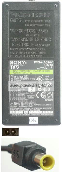 SONY PCGA-AC16V AC ADAPTER 19.5VDC 4A Used -( ) 4x6mm Tip 100-24