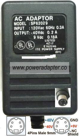 SP62029 AC ADAPTER 40VDC 0.2A 9Vdc 0.18A 4PIN Dual Voltage switc