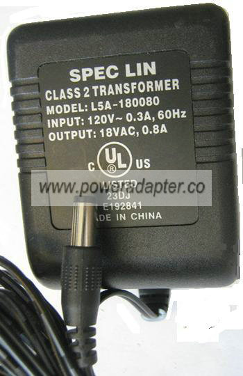 SPEC LIN L5A-180080 AC ADAPTER 18VAC 0.8A CLASS 2 TRANSFORMER