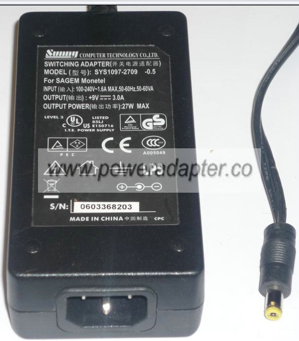 SUNNY SYS1097-2709 AC ADAPTER 9V DC 3A 27W POWER SUPPLY