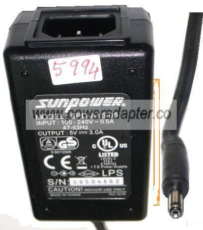 SUNPOWER SPD-A15-05 AC ADAPTER 5VDC 3A ITE POWER SUPPLY 703-191R - Click Image to Close