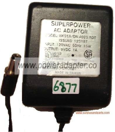 SUPERPOWER BK91A/DN 4025 ADT AC ADAPTER 9V DC 1A Used 2.1 x 5.5