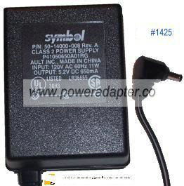 SYMBOL 50-14000-008 AC ADAPTER 5.2VDC 650mA POWER SUPPLY FOR SYM