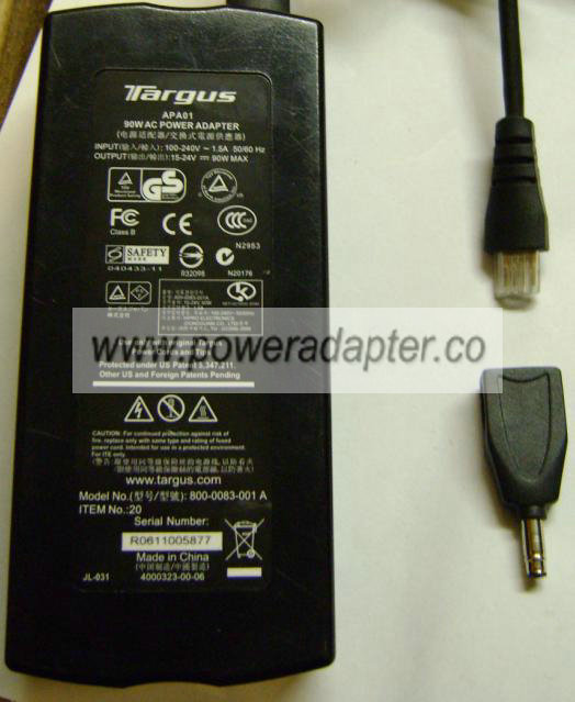 TARGUS 800-0111-001 A AC ADAPTER 15-24V 65W LAPTOP POWER SUPPLY