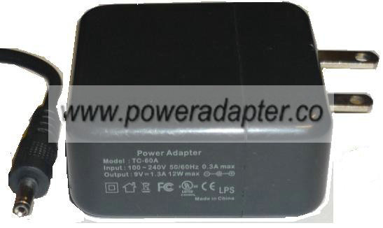 TC-60A AC ADAPTER 9V 1.3A DIRECT PLUG IN POWER SUPPLY