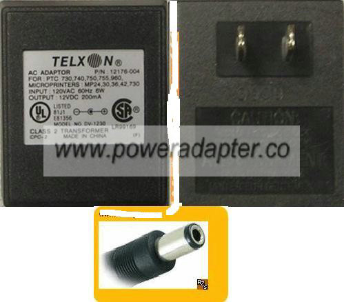 TELXON DV-1230 AC ADAPTER 12VDC 200mA WALLMOUNT DIRECT PLUG IN P - Click Image to Close