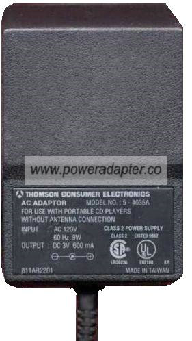 THOMSON 5-4035A AC ADAPTER 3V DC 600mA POWER SUPPLY FOR PORTABLE