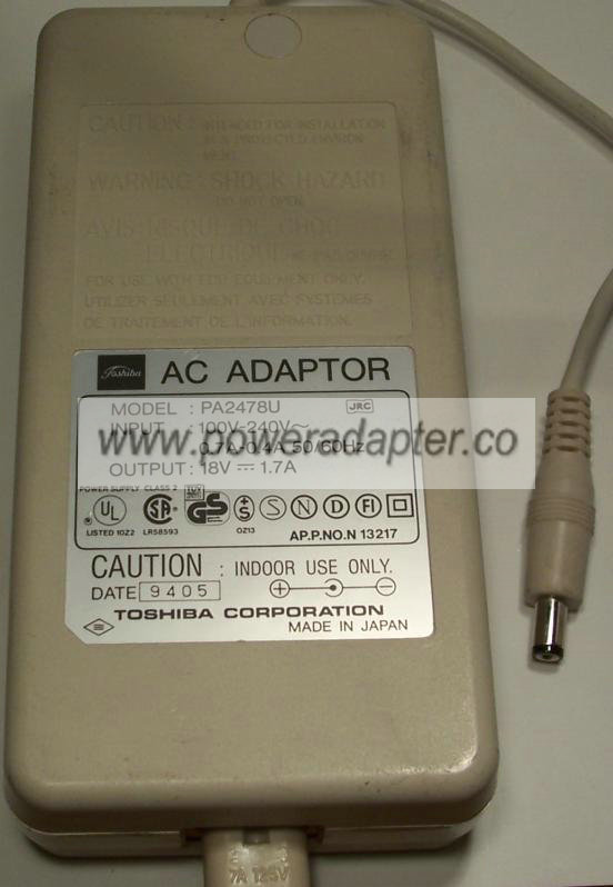 TOSHIBA PA2478U AC DC ADAPTER 18V 1.7A LAPTOP POWER SUPPLY