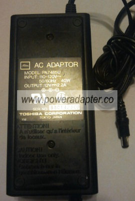 TOSHIBA PA7485U AC ADAPTER 12VDC 2.2A POWER SUPPLY