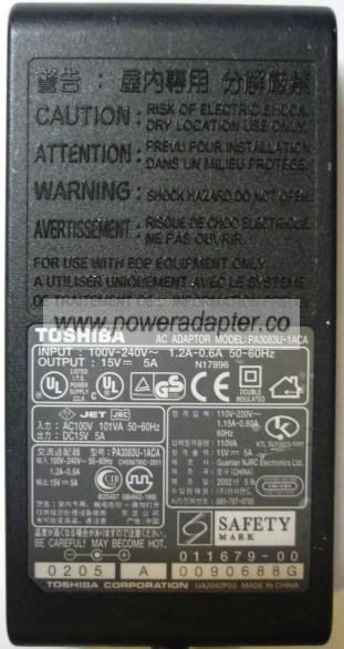 Toshiba PA3083U-1ACA AC ADAPTER 15VDC 5A Switching POWER SUPPLY
