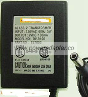 UNEX DV-9100 AC ADAPTER 9VDC 100mA PLUG IN POWER SUPPLY 837003 C