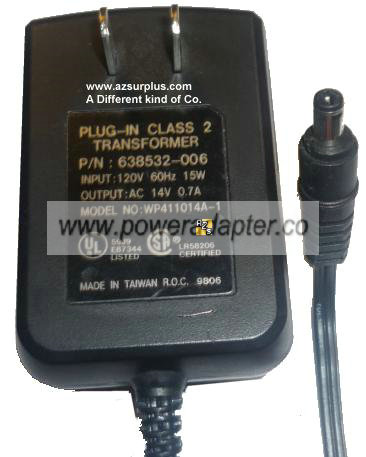 WP411014A-1 AC ADAPTER 14Vac 0.7A Used 2x5.5mm ~(~) 120vac PLUG-