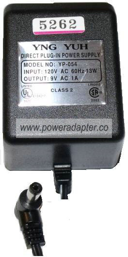 YNG YUH YP-054 AC ADAPTER 9V 1A DIRECT PLUG IN POWER SUPPLY