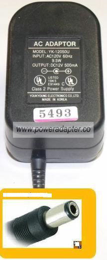 YOUKYOUNG YK-12050U AC ADAPTER 12V 500mA CLASS 2 POWER SUPPLY
