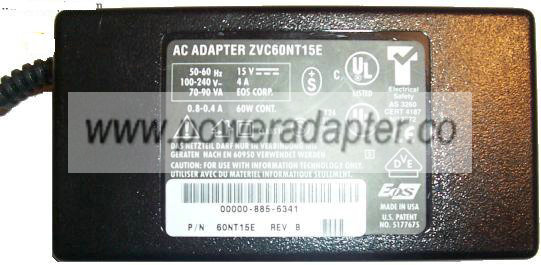 ZVC60NT15E AC DC ADAPTER 15V 4A POWER SUPPLY