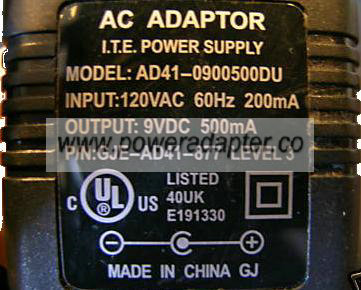 AD41-0900500DU AC ADAPTER 9VDC 500mA POWER SUPPLY