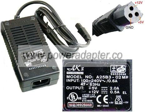 AKII A25B3-02MP AC ADAPTER 5V 2A 12V 0.5A 3Pin Power Supply